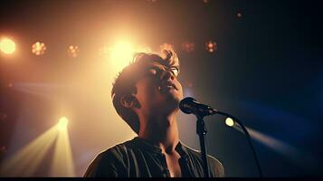 Handsome young male singer holds a microphone stand and performs on a concert stage. photo