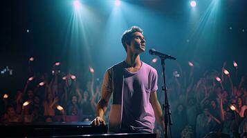 Handsome young male singer holds a microphone stand and performs on a concert stage. photo