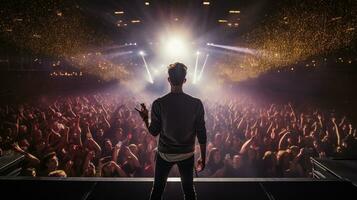 hermoso joven masculino cantante sostiene un micrófono estar y realiza en un concierto escenario. foto