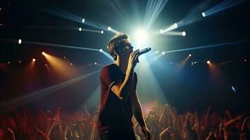 Handsome young male singer holds a microphone stand and performs on a concert stage. photo