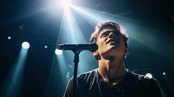 hermoso joven masculino cantante sostiene un micrófono estar y realiza en un concierto escenario. foto