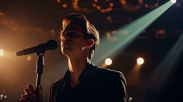 hermoso joven masculino cantante sostiene un micrófono estar y realiza en un concierto escenario. foto