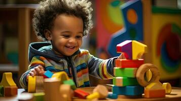 linda pequeño africano americano niño aprendizaje jugando con de madera bloques en el casa foto