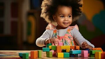 Cute little African American child learning Playing with wooden blocks in the house photo