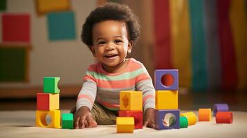 Cute little African American child learning Playing with wooden blocks in the house photo