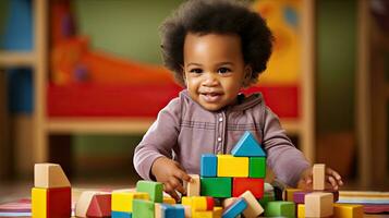 linda pequeño africano americano niño aprendizaje jugando con de madera bloques en el casa foto