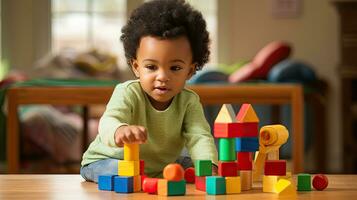 linda pequeño africano americano niño aprendizaje jugando con de madera bloques en el casa foto