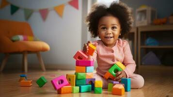 Cute little African American child learning Playing with wooden blocks in the house photo