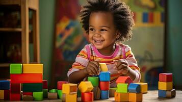 linda pequeño africano americano niño aprendizaje jugando con de madera bloques en el casa foto