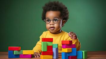 Cute little African American child learning Playing with wooden blocks in the house photo