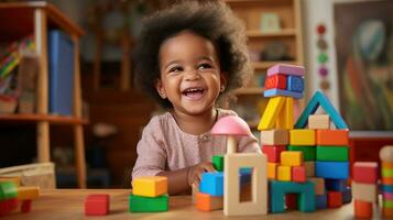 Cute little African American child learning Playing with wooden blocks in the house photo