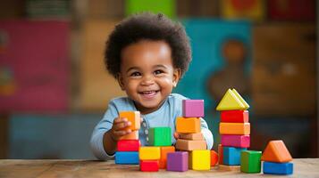 linda pequeño africano americano niño aprendizaje jugando con de madera bloques en el casa foto