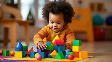 linda pequeño africano americano niño aprendizaje jugando con de madera bloques en el casa foto