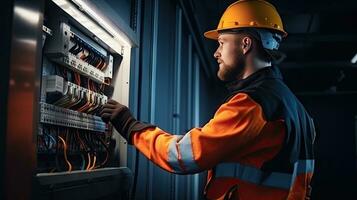 Electrician engineer with plan to check electrical supply in front of control fuse switchboard photo