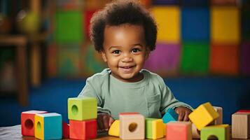 linda pequeño africano americano niño aprendizaje jugando con de madera bloques en el casa foto