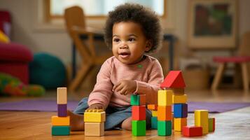 Cute little African American child learning Playing with wooden blocks in the house photo