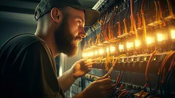 Electrician engineer with plan to check electrical supply in front of control fuse switchboard photo