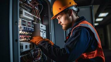 electricista ingeniero con plan a cheque eléctrico suministro en frente de controlar fusible tablero de conmutadores foto