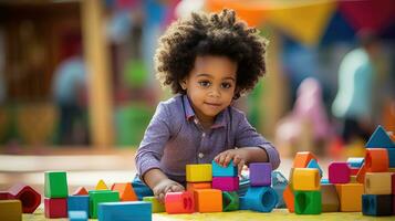 linda pequeño africano americano niño aprendizaje jugando con de madera bloques en el casa foto