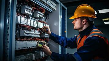 electricista ingeniero con plan a cheque eléctrico suministro en frente de controlar fusible tablero de conmutadores foto