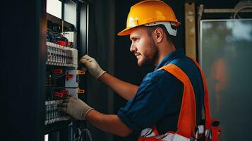 Electrician engineer with plan to check electrical supply in front of control fuse switchboard photo