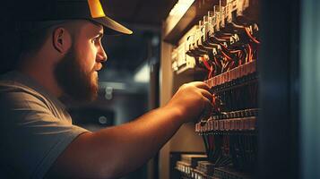 Electrician engineer with plan to check electrical supply in front of control fuse switchboard photo