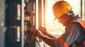 Electrician engineer with plan to check electrical supply in front of control fuse switchboard photo