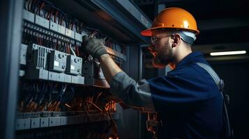 Electrician engineer with plan to check electrical supply in front of control fuse switchboard photo