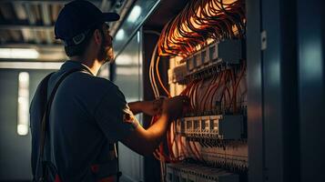 electricista ingeniero con plan a cheque eléctrico suministro en frente de controlar fusible tablero de conmutadores foto