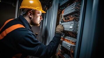 Electrician engineer with plan to check electrical supply in front of control fuse switchboard photo