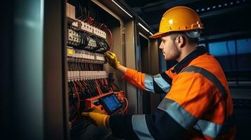 electricista ingeniero con plan a cheque eléctrico suministro en frente de controlar fusible tablero de conmutadores foto