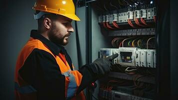 Electrician engineer with plan to check electrical supply in front of control fuse switchboard photo