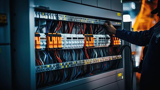 Electrician engineer with plan to check electrical supply in front of control fuse switchboard photo