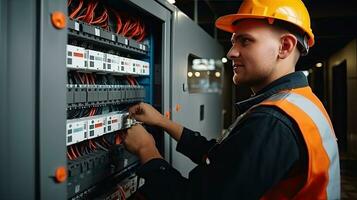 Electrician engineer with plan to check electrical supply in front of control fuse switchboard photo