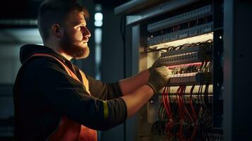 electricista ingeniero con plan a cheque eléctrico suministro en frente de controlar fusible tablero de conmutadores foto