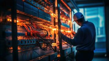 Electrician engineer with plan to check electrical supply in front of control fuse switchboard photo