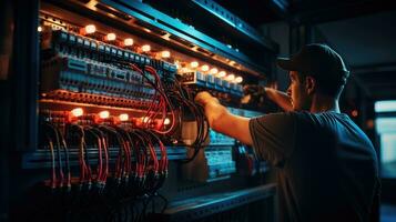 electricista ingeniero con plan a cheque eléctrico suministro en frente de controlar fusible tablero de conmutadores foto