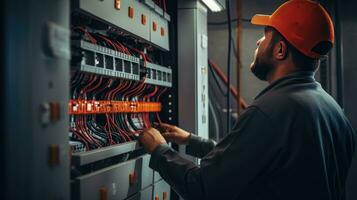 Electrician engineer with plan to check electrical supply in front of control fuse switchboard photo