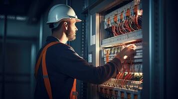 Electrician engineer with plan to check electrical supply in front of control fuse switchboard photo