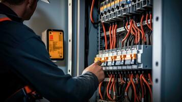 Electrician engineer with plan to check electrical supply in front of control fuse switchboard photo