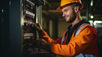 electricista ingeniero con plan a cheque eléctrico suministro en frente de controlar fusible tablero de conmutadores foto