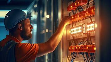 Electrician engineer with plan to check electrical supply in front of control fuse switchboard photo