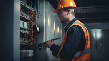 electricista ingeniero con plan a cheque eléctrico suministro en frente de controlar fusible tablero de conmutadores foto