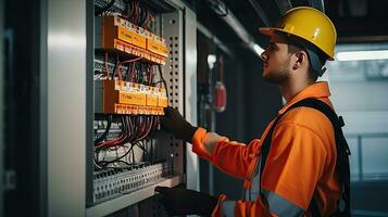 Electrician engineer with plan to check electrical supply in front of control fuse switchboard photo