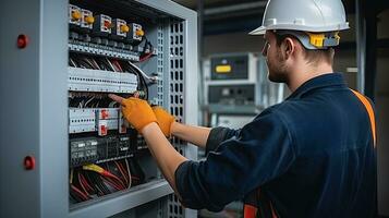 Electrician engineer with plan to check electrical supply in front of control fuse switchboard photo