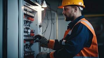 Electrician engineer with plan to check electrical supply in front of control fuse switchboard photo