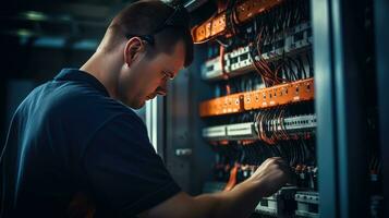 Electrician engineer with plan to check electrical supply in front of control fuse switchboard photo