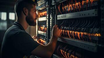 Electrician engineer with plan to check electrical supply in front of control fuse switchboard photo