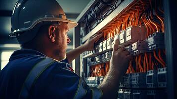 Electrician engineer with plan to check electrical supply in front of control fuse switchboard photo