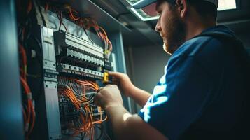 Electrician engineer with plan to check electrical supply in front of control fuse switchboard photo